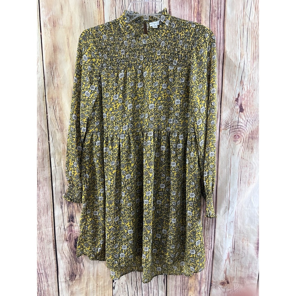 Jacqueline De Yong Yellow Floral Smock Dress Lined Sheer Sleeves Women's Size 36